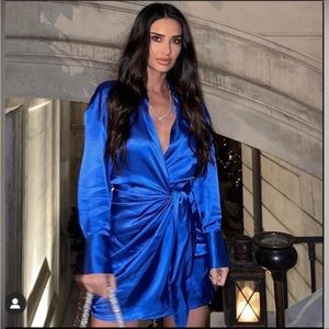 Zara blue satin cross front shirt dress